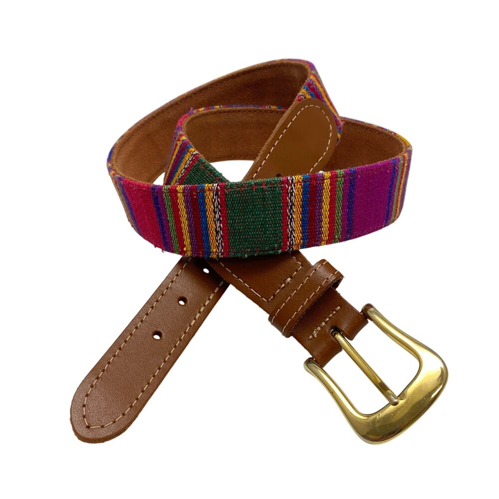 Boho Donna Katz Women's Size L Woven Colorblock Fabric & Tan Leather‎ Belt USA